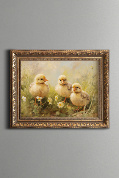 epiqart Chicks and Wildflowers - Vintage Patterned Painting - Thick Model