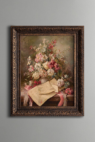 epiqart Flower and Letter Still Life – Vintage Patterned Painting – Thick Model