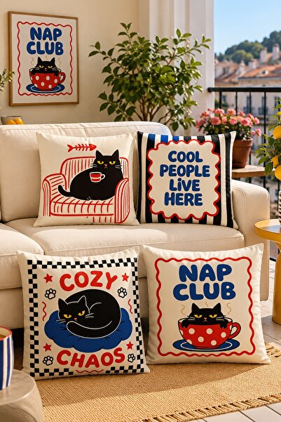 EVPANYA Cool Kedi Desenli 4'Lü Kırlent Kılıfı Seti