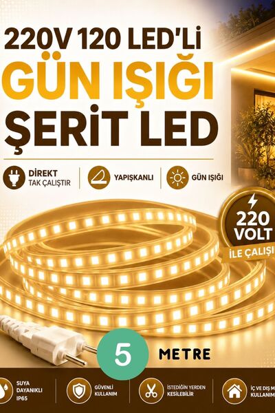 KONDEL 5 Metre 220V 120 LED’li GÜNIŞIĞI Şerit LED Yapışkanlı Direkt Tak Çalış...