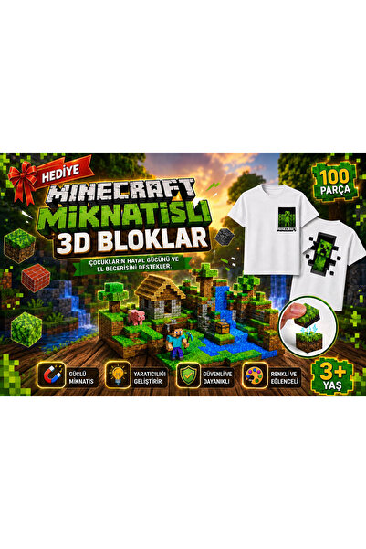 ABS Minecraft Temalı 3D Oyuncak Blok seti 3+ Yaş, Creeper Baskılı 7 Yaş Tişör...