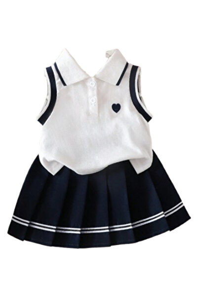 OEM Bluza fara maneci cu guler polo brodat, si fusta plisata cu talie elastic...