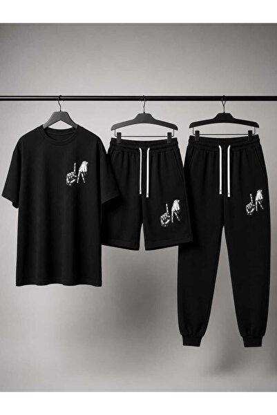Gutsy T-Shirt Sweatpants Shorts 3-Piece Combination Thin Summer Finger Printe...