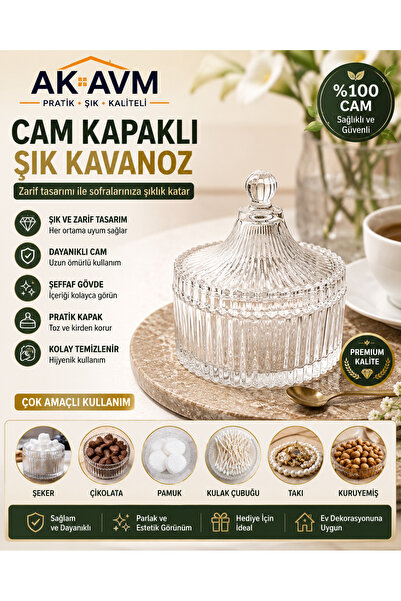 Ak Avm Cam Şekerlik Kapaklı Dekoratif Lokumluk Şeffaf Cam Sunumluk Kahve Yanı...