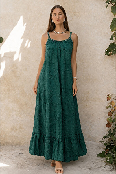 CES.İZ Women's Embroidered Long Dress with Straps – Italian Model Loose Summe...