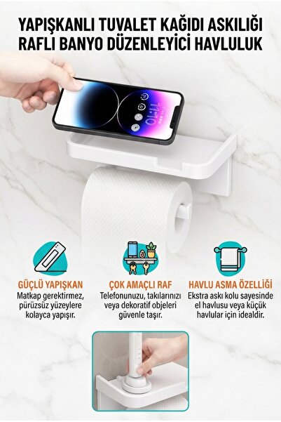 ALL FAST Yapışkanlı Tuvalet Kağıdı Askılığı Raflı Banyo Düzenleyici Havluluk