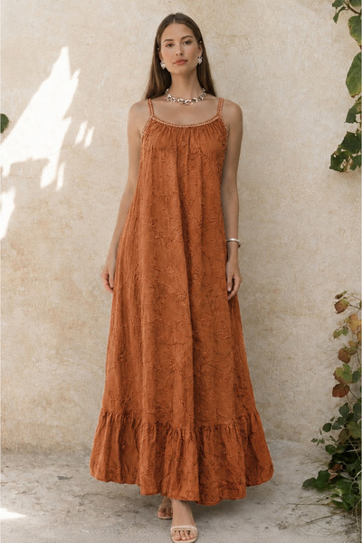 CES.İZ Women's Embroidered Long Dress with Straps – Italian Model Loose Summe...