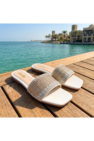 Fuzhoulanyang Women’s Pearl Rhinestone Flat Slide Sandals, Elegant Open Toe S...