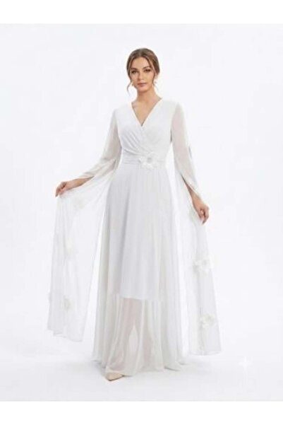 unbranded Women's White Chiffon Maxi Evening Dress with Floral Appliqué Cape ...