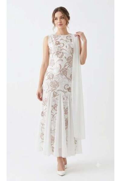 unbranded Women's Ivory Floral Embroidered Midi Evening Dress with Chiffon Sc...