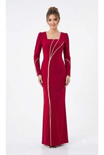 unbranded Women's Burgundy Long Sleeve Maxi Evening Dress with Gold Trim Deta...