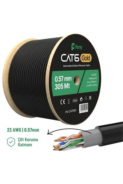 Universal كابل Feny FN-CAT690 305Mt 23AWG 0.57MM مزدوج الجاكيت ذهبي خارجي Cat...