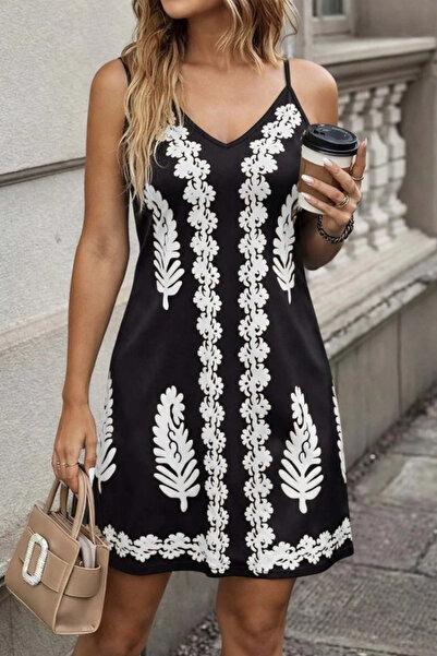 Beruflic    Women's Rope Strap V-Neck Patterned Short Single Jersey Dress