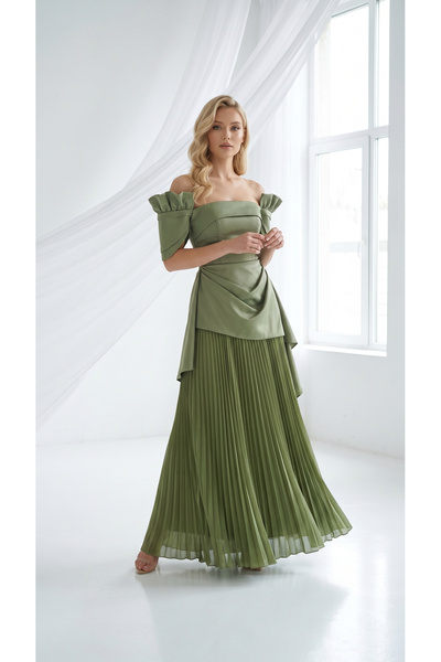 holie dress DÜŞÜK OMUZ STRAPLEZ DRAPELİ PLİSELİ UZUN ABİYE ELBİSE