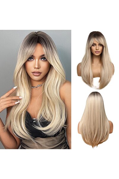 Esmee Perucă blondă, lungă, dreaptă, 60 cm, cu breton, cărare laterală, păr s...