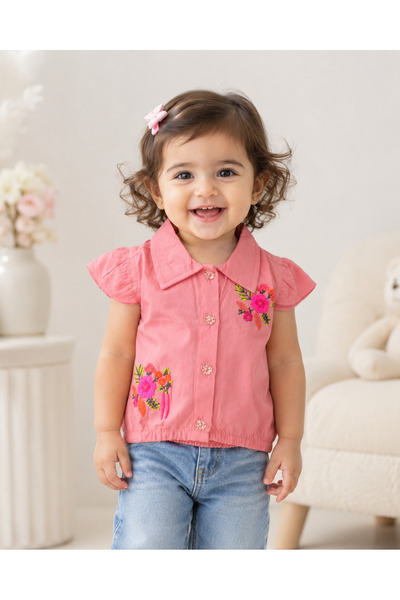 Generic Girls Pink Floral Embroidered Shirt, Flutter Sleeves, 10M-2.5Y