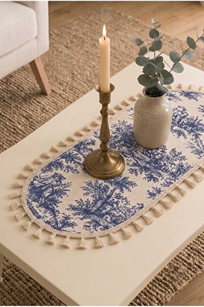 linea natura home Lacivert Fransız Köylü Desenli Duck Kumaş Püsküllü Oval Run...