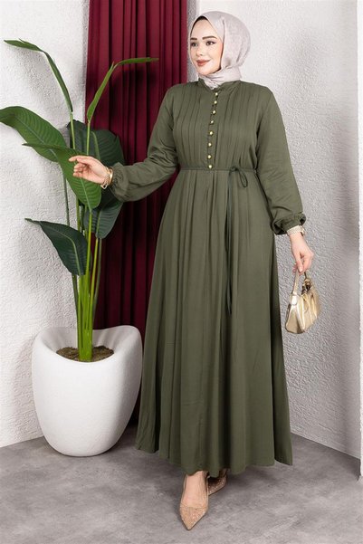 Mestore Gold Buttoned Belmando Dress Khaki