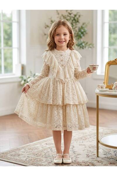 Sare Çocuk Giyim Cream-Colored Lace-Up Special Occasion Dress for Girls (Limi...