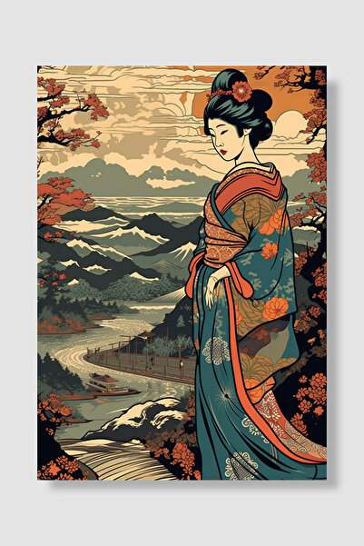 Luna Marissa Japanska gejša poster planinski pejzaž reka plavi kimono ilustra...
