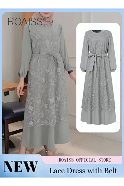 ROAISS Women's Round Neck Gown Lace Decoration Long Sleeve Waisted Loose Long...