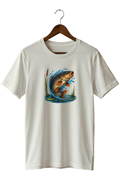 WİDİ تي شيرت Fisherman's T-shirt مطبوع عليه سمكة السلور وله طابع طبيعي، مصنوع...