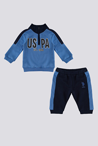 U.S. Polo Assn. طقم أطفال بياقة واقفة وسحاب أزرق من يو اس بولو أسن، قطعتان