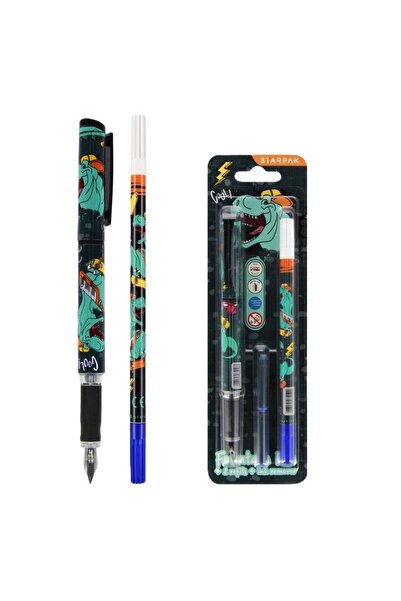 Starpak Stilou Skate Dino cu 2 rezerve de cerneala si radier dublu, Multicolo...
