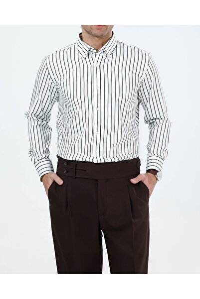 TerziAdemAltun Slim Fit Men's Striped Lycra Tie Collar Shirt Green T20059-28