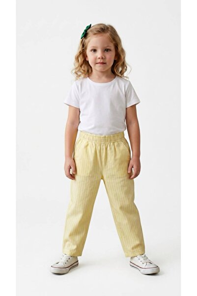 ZeZe Kid Kız Çocuk %100 Pamuk Lastikli Wide Leg Renkli Çizgili Pantolon