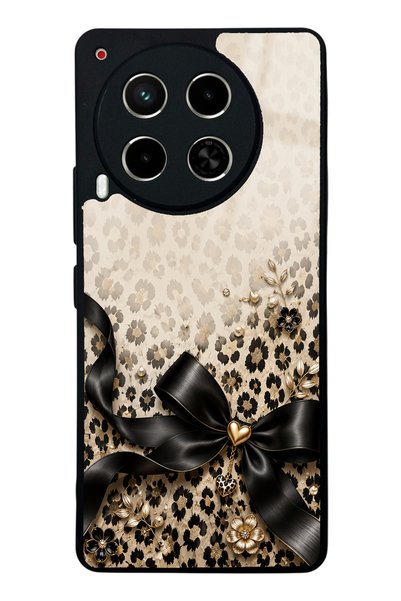 Spoyi Tecno Camon 30 Golden Leopard Bow Tasarımlı Glossy Telefon Kılıfı