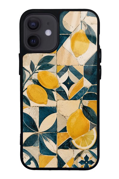Spoyi iPhone 12 Mini Glossy Phone Case with Mediterranean Lemon Mosaic Design