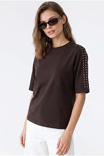 Mixray 2166 Women's Stone Detailed Crew Neck Short Sleeve Blouse Brown