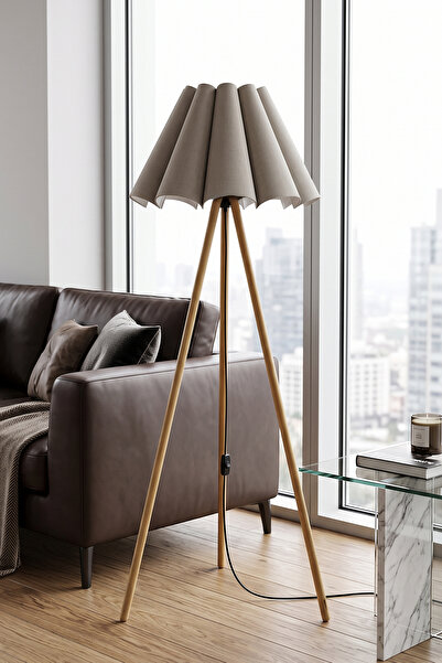 Marrien Woody 3 Ayaklı Ahşap Tripod Flora Cappuccino Şapkalı Lambader Salon &...