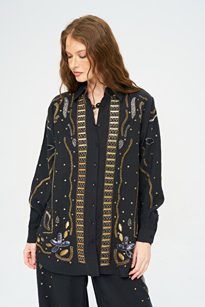 Orfeo Negro Women's Oversized Shirt with Dense Stone and Bead Embroidery
