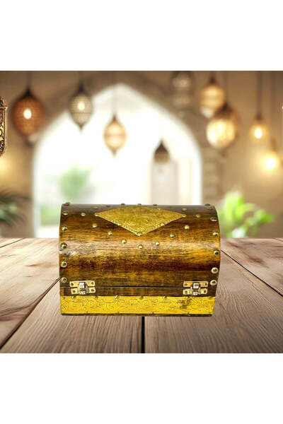 Al Athar Arts Handcrafted Wooden Box with Brass Fittings Antique Golden Finis...