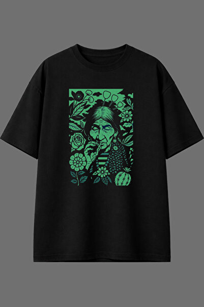 VSRN Tricou oversize negru cu imprimeu frontal pentru femei în vârstă