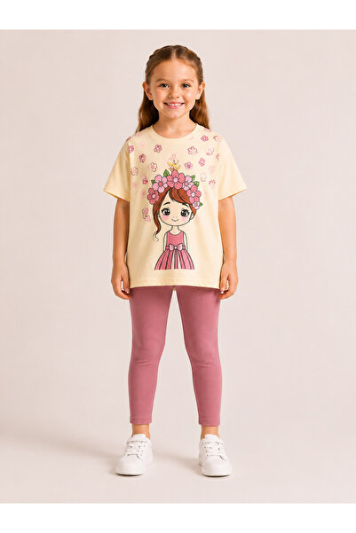 DUBAİ ÇOCUK Girl's Tights Set Printed T-Shirt Tights 2-Piece Summer Combination