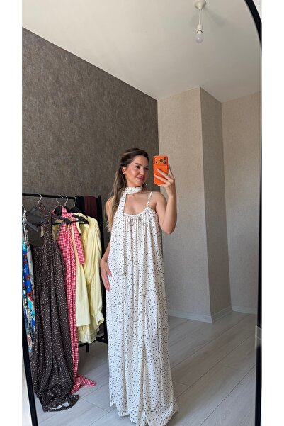 L&C Collection Puantiyeli Fular Detaylı Uzun Elbise