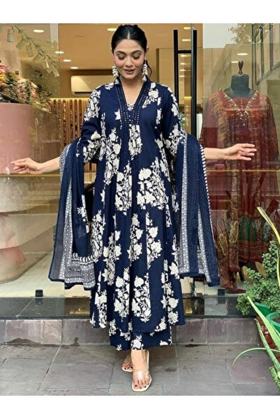MYSMAR Blue Viscose Cotton Salwar Kameez Dupatta - ALV2020 | Blue-Size:(S-36-...
