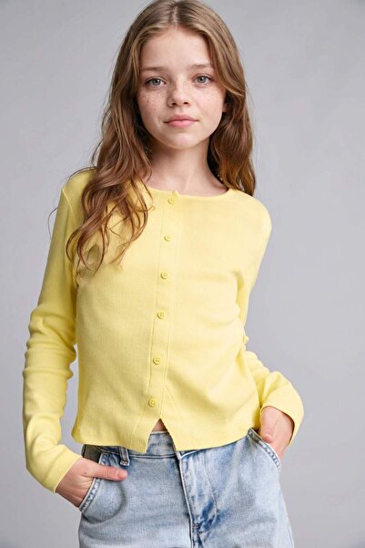 DeFacto Fitted Buttoned Collar Ribbed Long Sleeve Light Blue T-Shirt Girls I1...