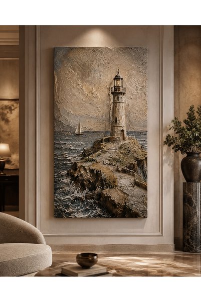 FTRMALZEMECİM Premium Kayalık Sahilde Deniz Feneri Kanvas Tablo – Yelkenli ve...