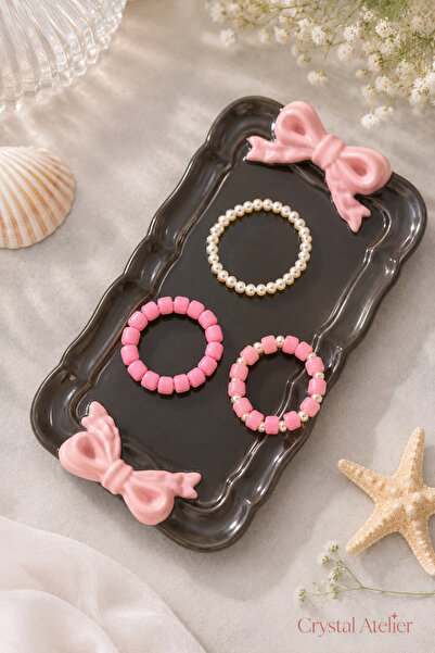Crystal Atelier Women's Pink White Pearl Beaded 3-Piece Elastic Ring Set