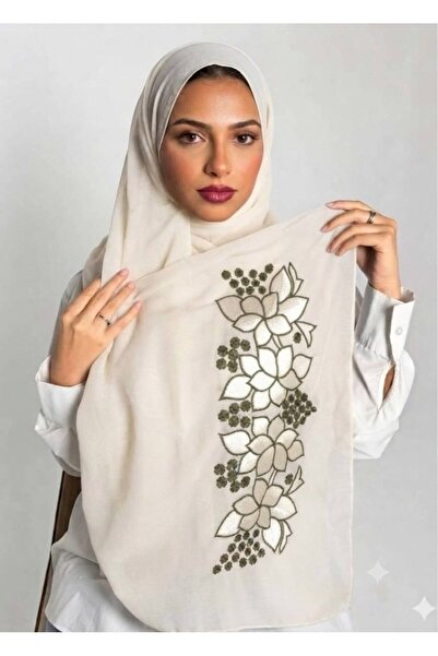 Veil Designer طرحه اوف وايت طبقتين بتطريز علي الطرفين قماش بوال ياباني 190*60