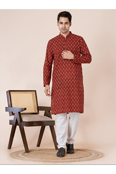 Devoiler Mens Red All-Over Printed Cotton Kurta Set
