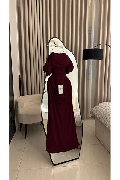 Nareen Fashion Elegant Burgundy Dress with an Off-The-Shoulder Design, Featur...