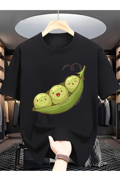 01THEONE تي شيرت رجالي برقبة على شكل حرف U مطبوع عليه Pea Pod، تصميم طازج ولط...