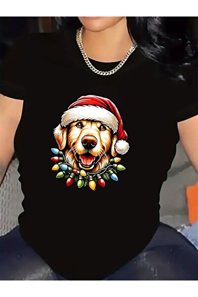 Astogria13 Short Sleeve T-Shirt Women, Christmas Dog Design with Santa Hat Li...