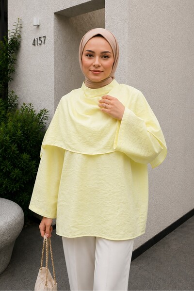Lunfia Çıkarılabilir Pelerinli Oversize Modal Bluz - Sarı