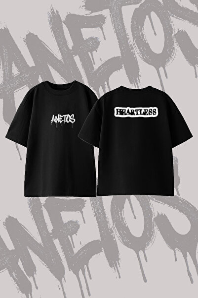 Anetos تي شيرت قطني أسود كبير الحجم بتصميم Heartless Design مطبوع على الظهر